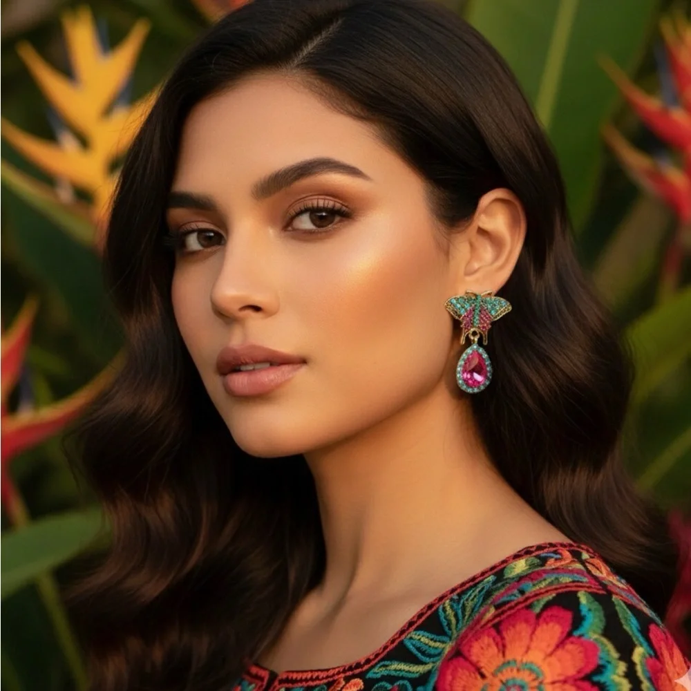 2/$30🌵 Vintage Style Butterfly Moth Teal Pink Rhinestone Earrings Ornate Gift